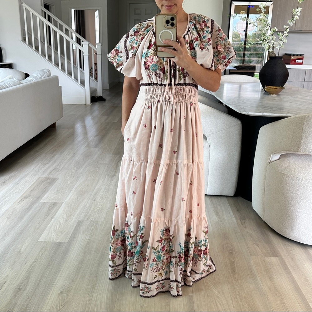 Anthropologie blush Floral Maxi Dress with Ruffle Sleeves size M